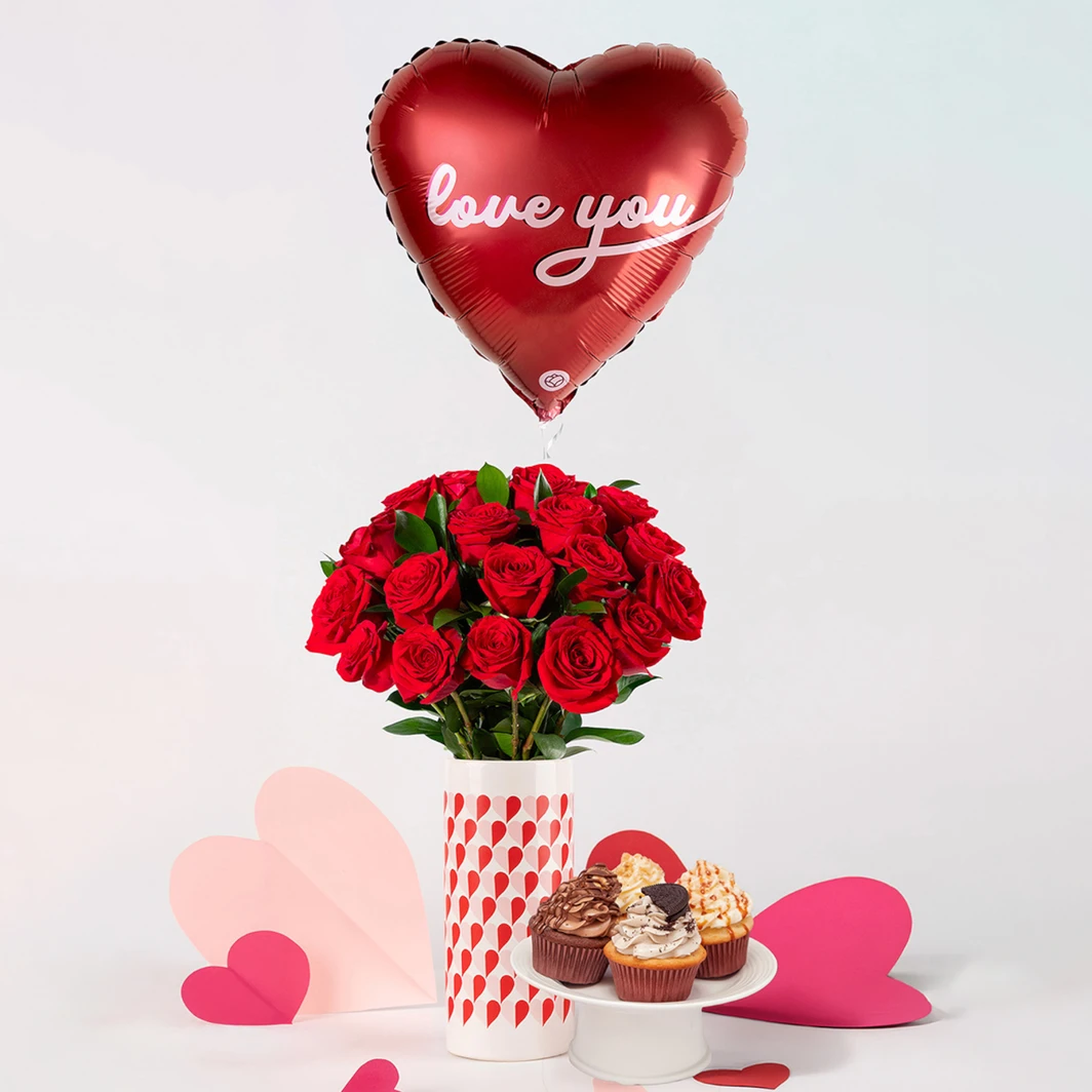 18 Rosas Rojas con Cupcakes Mil Miel y Globo "Love You" 26113