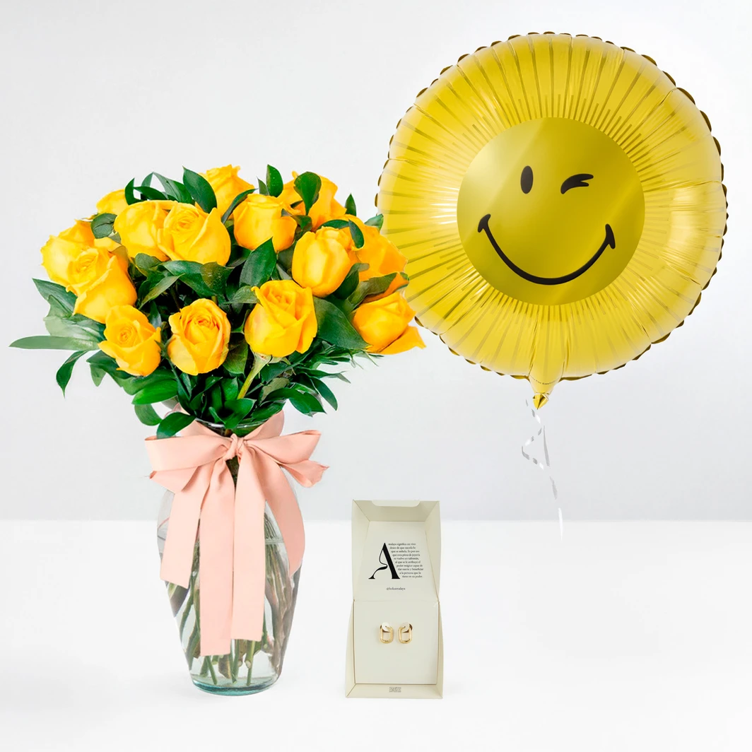 Combo Amarillo: Luiggi Hoops, Flores Amarillas y Globo Smiley 26119