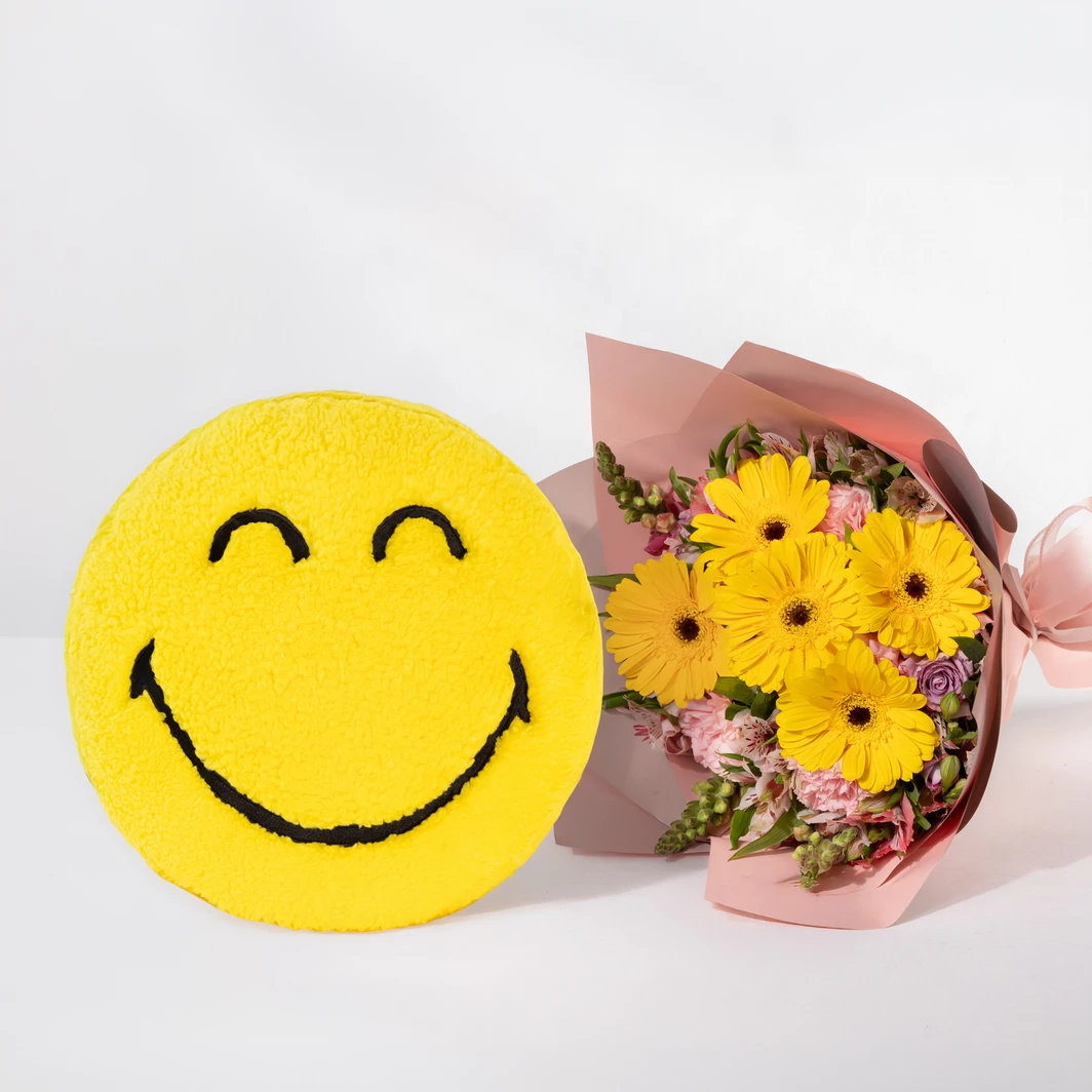 Yellow Joy with Gerberas, Carnations and SMILEY Cushion 26129