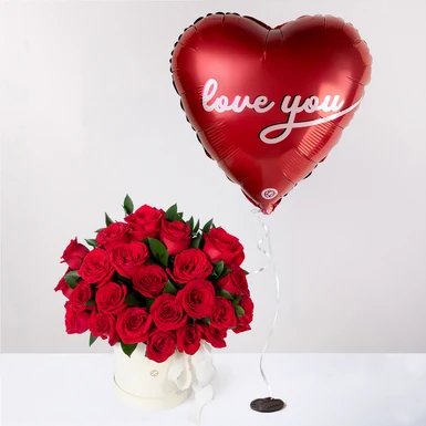 24 Rosas Rojas en Caja con Globo "Love You" 26141