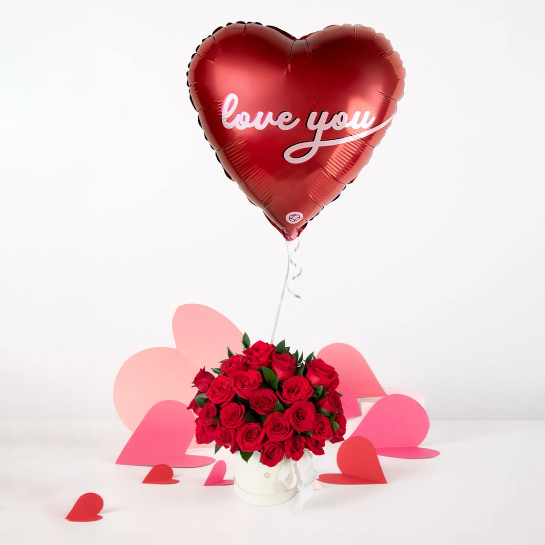 24 Rosas Rojas en Caja con Globo "Love You" 26141