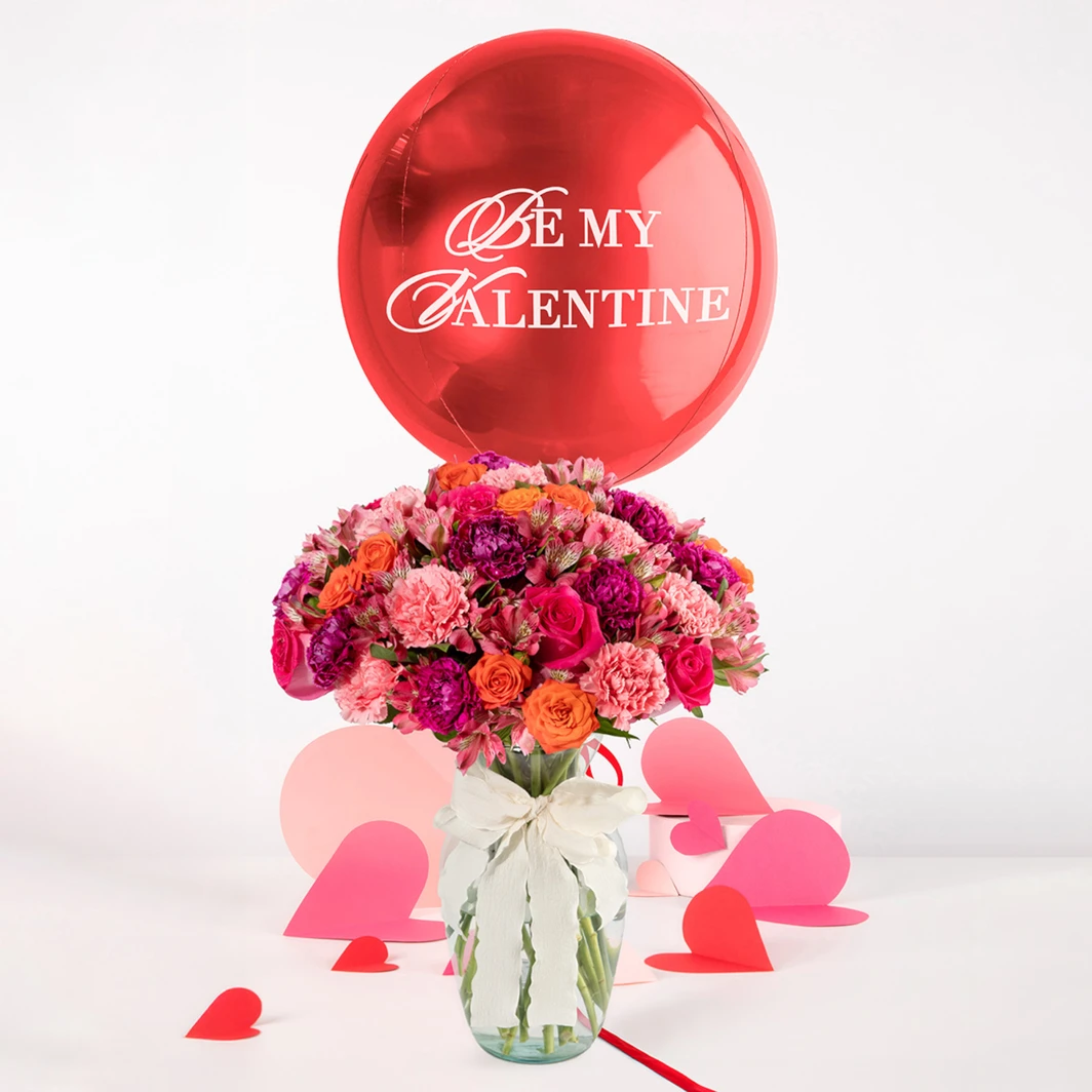 Rosas Rosas y Claveles con Globo "Be my Valentine" 26142