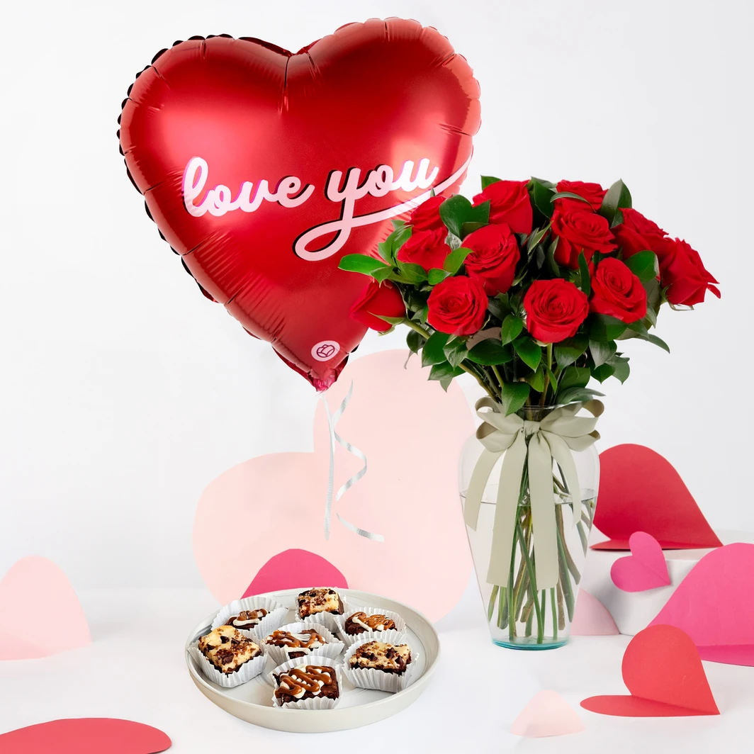 Brownies con 12 Rosas Rojas y Globo "Love You" 26155
