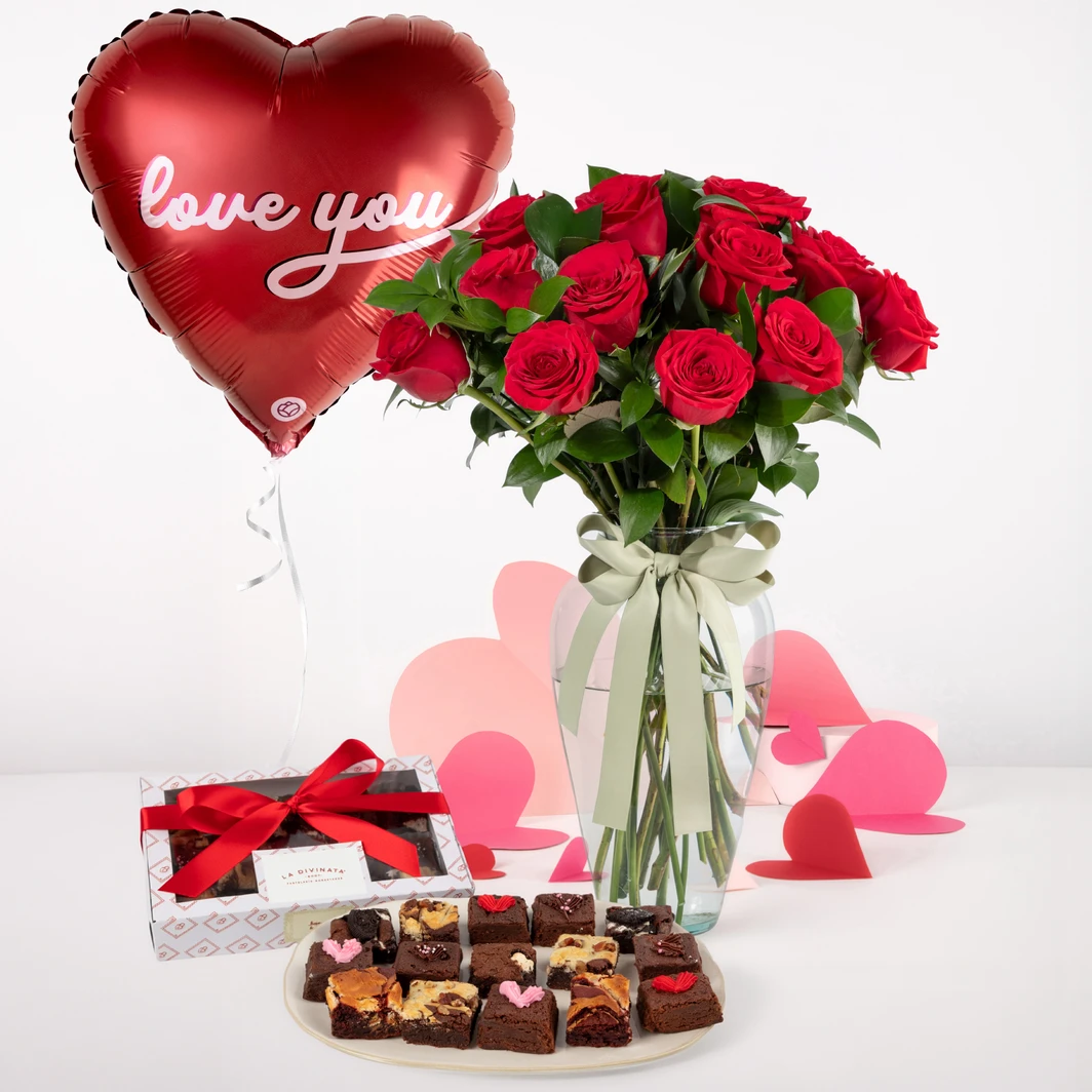 12 Rosas Rojas con Brownies y Globo ''Love You'' 26195