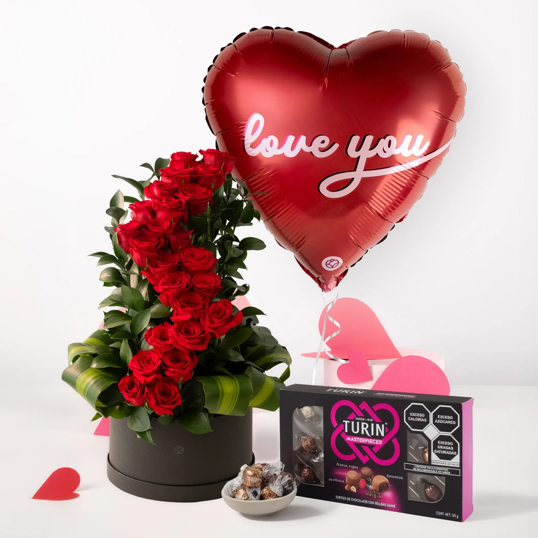 Arreglo 24 Rosas en Caja con Chocolate Turin y Globo 26197