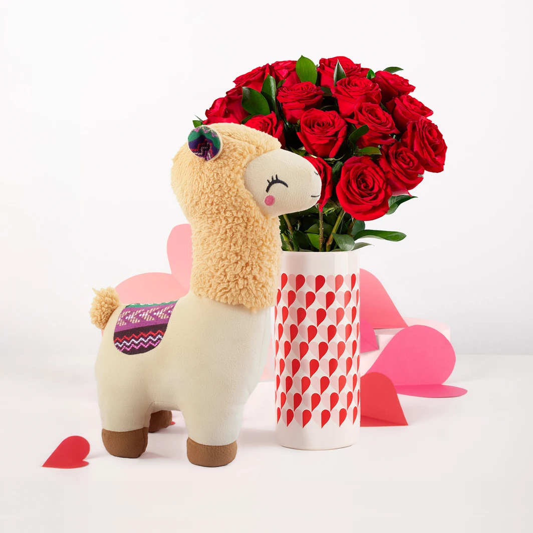 18 Rosas Rojas con Llama de Peluche 26219