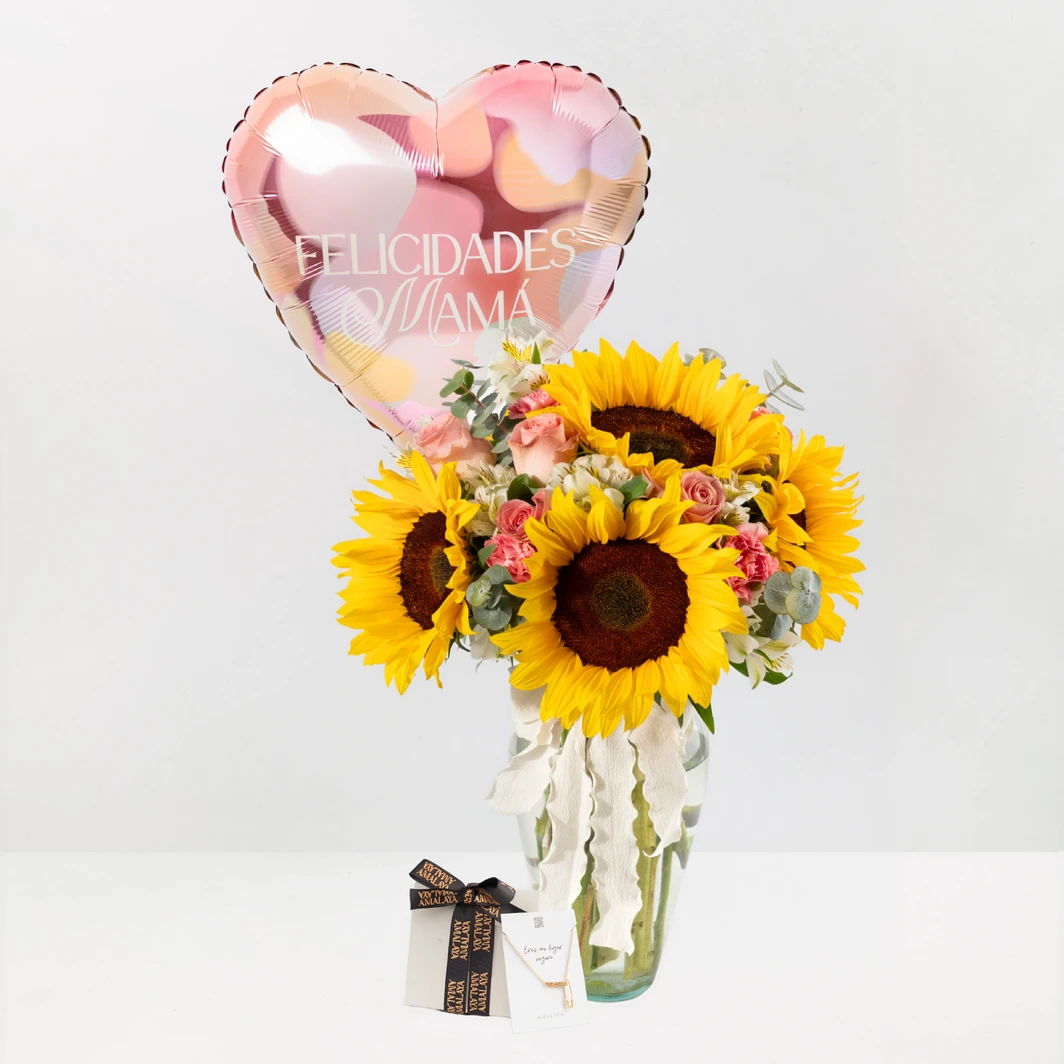 Combo Abrazo Floral: Girasoles con Rosas, Globo y Collar "Siempre conmigo" 26233