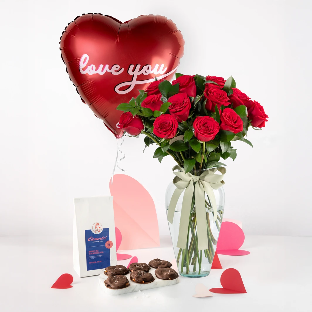 12 Rosas Rojas con Tortugas Elemental y Globo ''Love you'' 26238