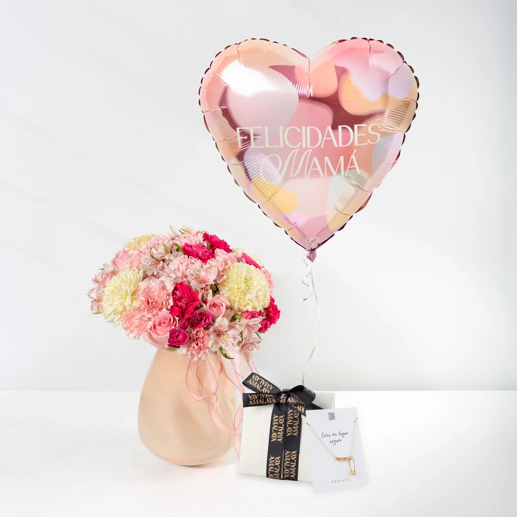 Combo Ternura para Mamá: Rosas con Polar Blanco, Globo y Collar Dorado 26239