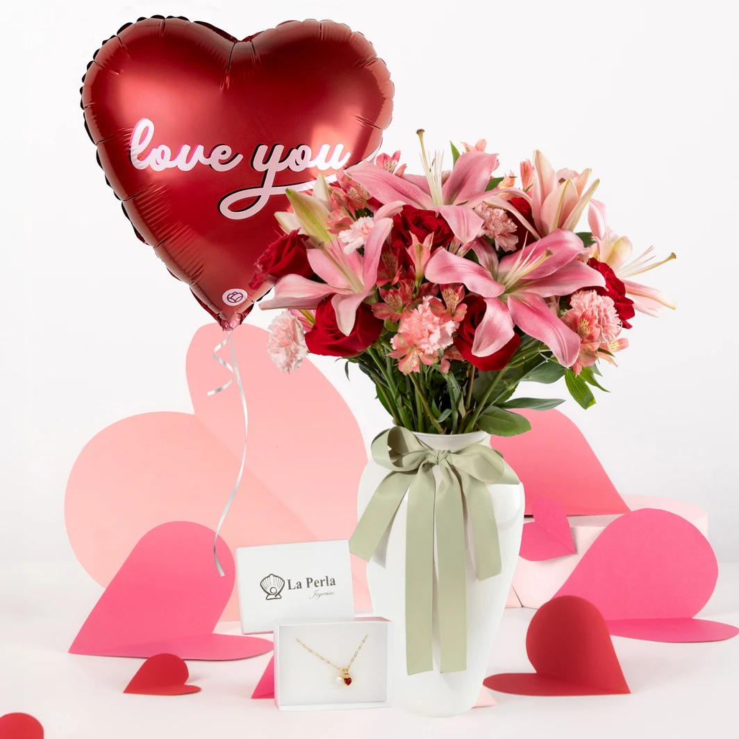 Arrangement of pink carnations and red roses with red Love necklace, pearl, and balloon 26264