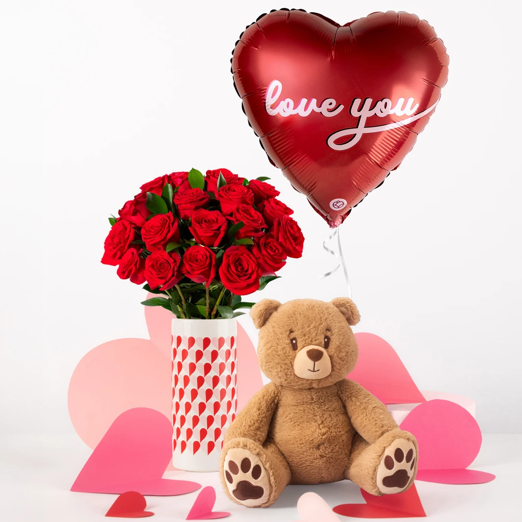 Oso de Peluche 30 cm con 18 Rosas Rojas y Globo "Love You" 26294