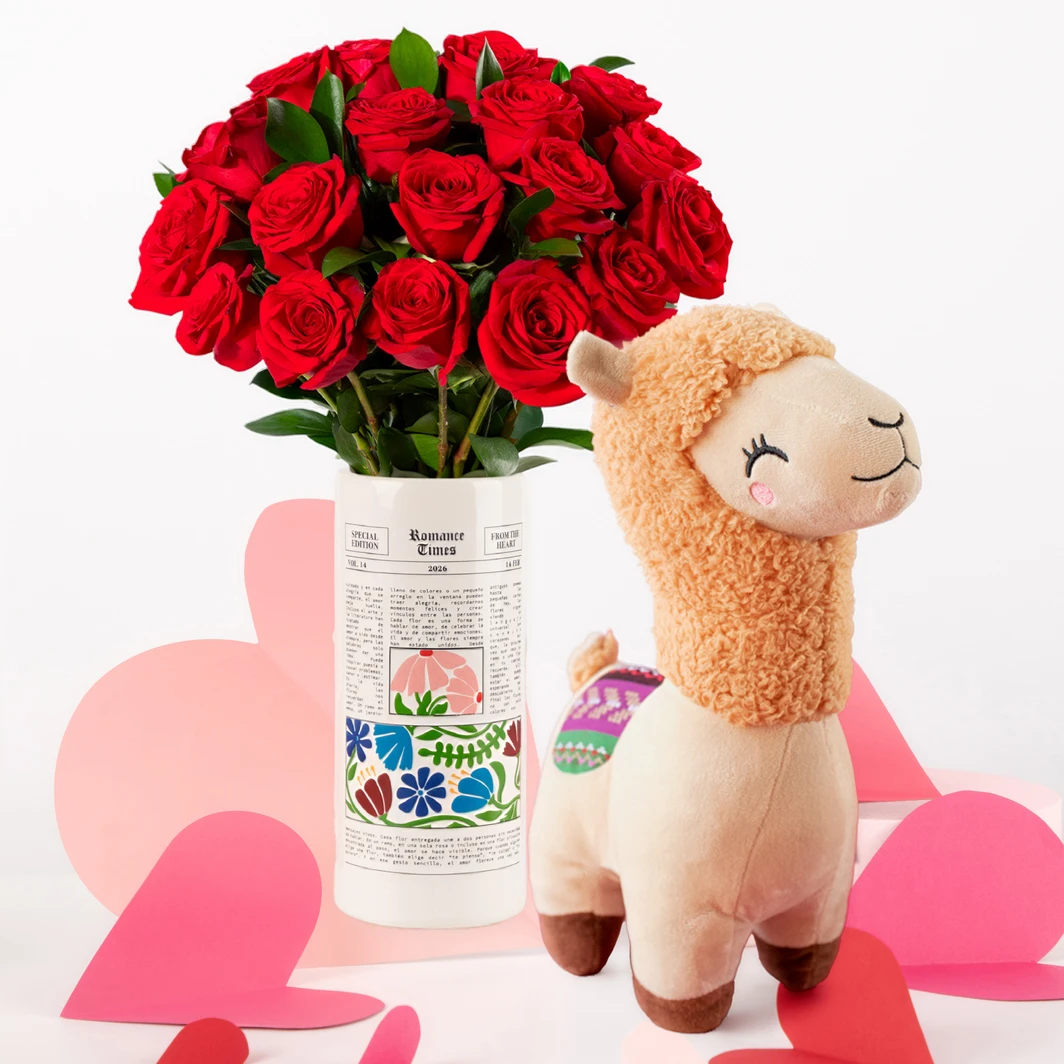 18 Rosas Rojas con Llama de Peluche 26295