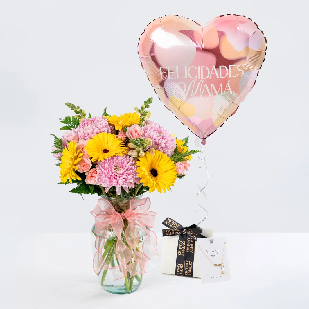 Combo Ternura para Mamá: Gerberas con Roxanas, Globo y Collar Dorado 26297