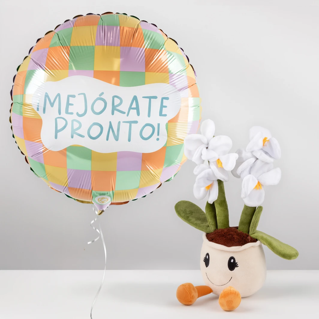 Florece Pronto con Orquídea de Peluche y Globo “Mejórate Pronto” 26390
