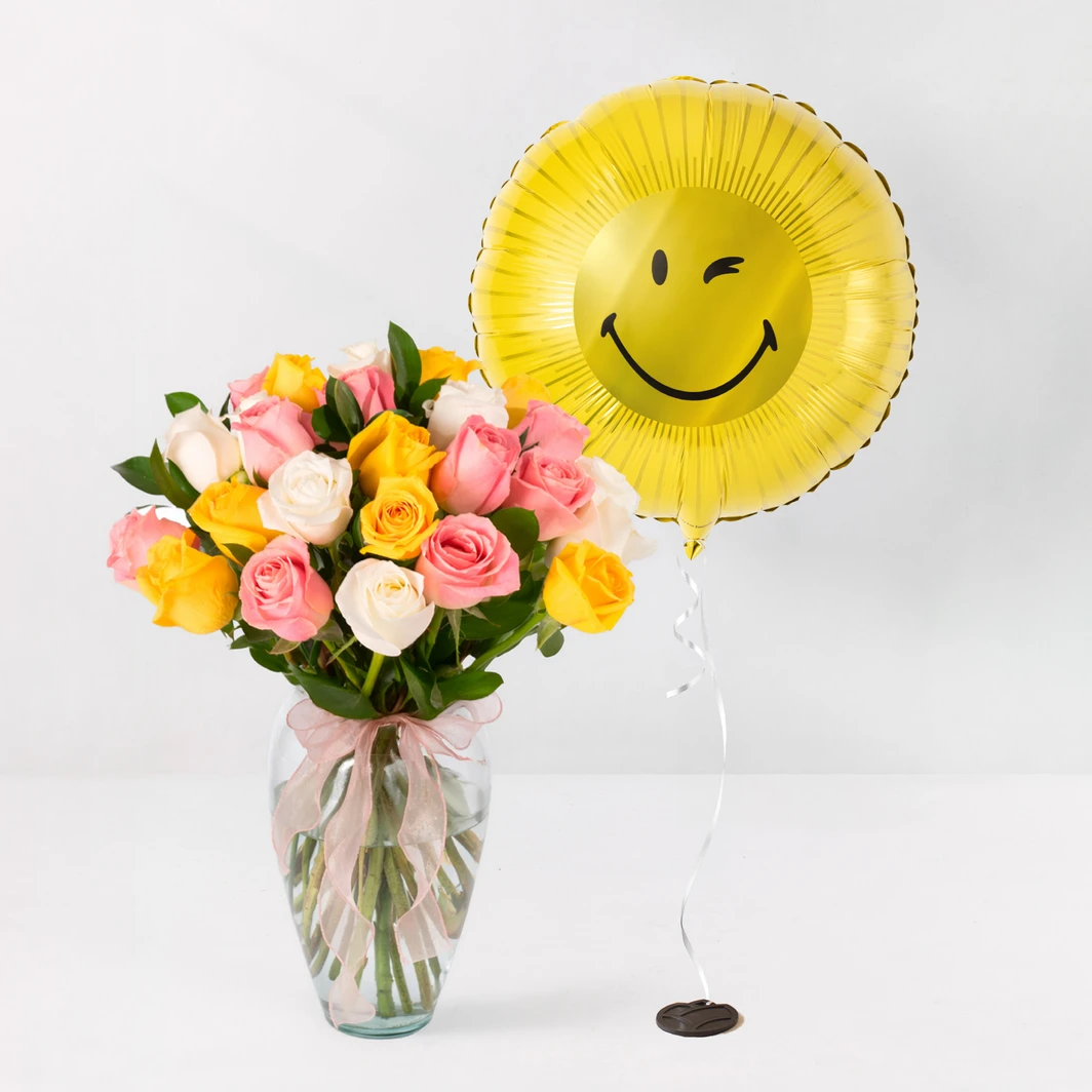 Arrangement of 24 Mixed Roses and SMILEY® Balloon 26401