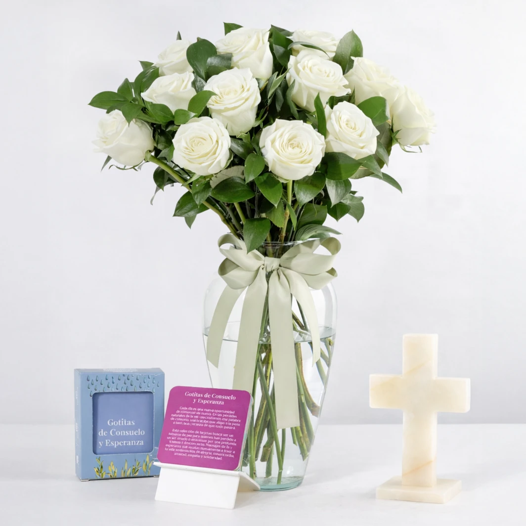 Gotitas de Consuelo con Rosas Blancas y Cruz de Ónix 26409
