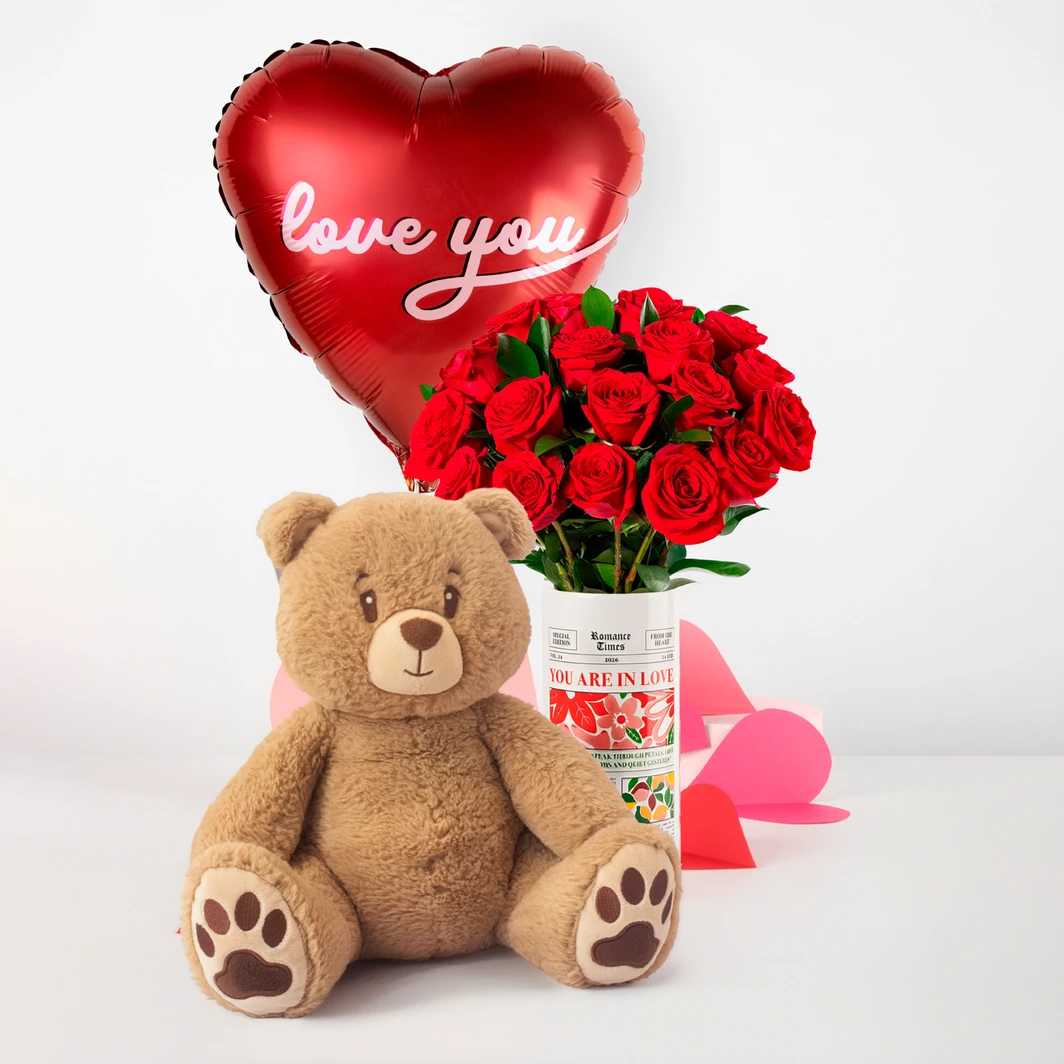 18 Rosas Rojas con Oso de Peluche 30 cm y Globo "Love You" 26417