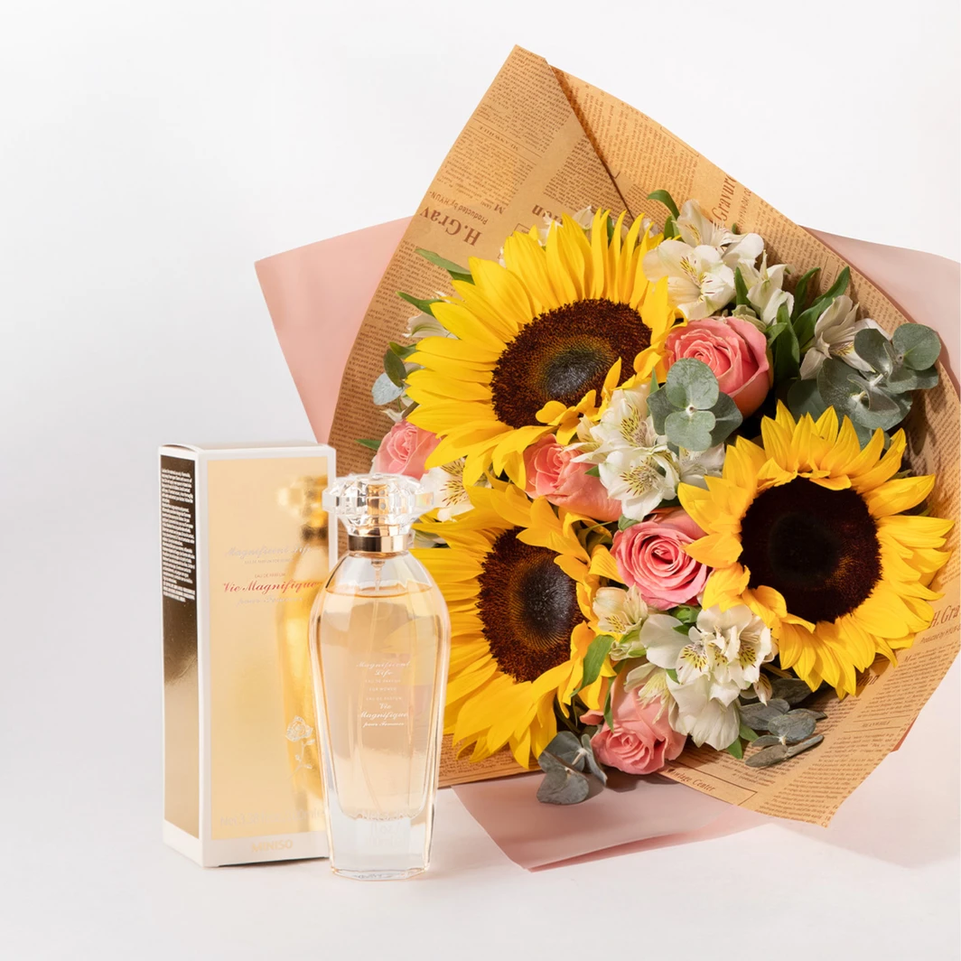 Kit Soleado con Girasoles, Rosas y Perfume “Magnificent” 26480