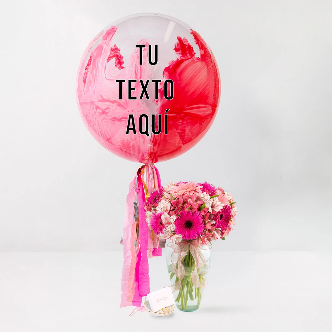 Globo Burbuja “Pink Flame” con Arreglo de 12 Gerberas Rosa y Alstroemerias  y Aretes Brentino La Perla 26496