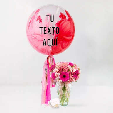 Pink Flame Balloon with Arrangement of 12 Pink Gerberas and Alstroemerias and Brentino La Perla Earrings 26496