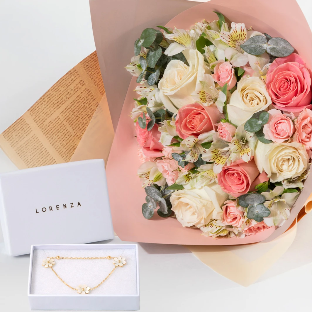Collar Doble de Flores y Bolitas con Ramo de Rosas Rosa y Blancas 26543