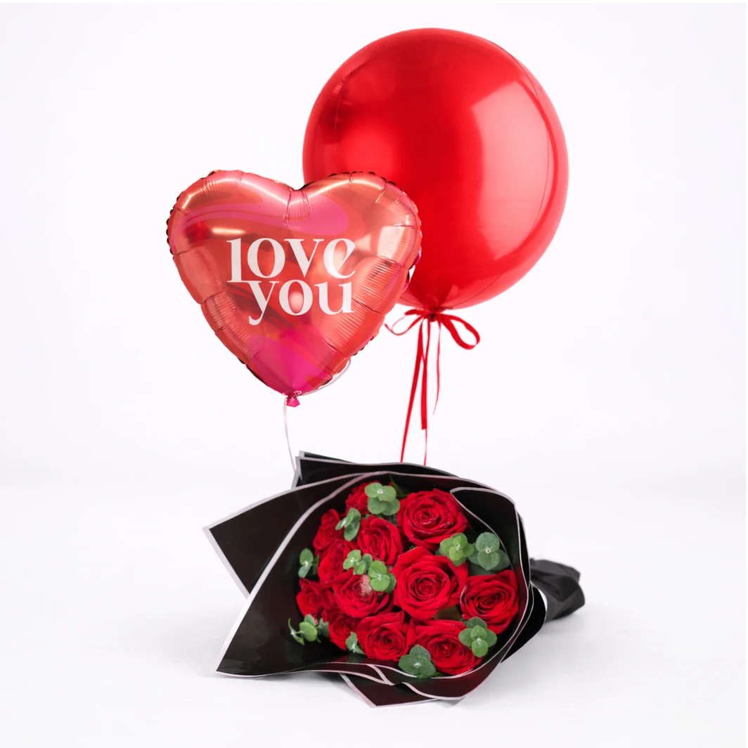 Love with Red Rose Bouquet and Balloons 26568