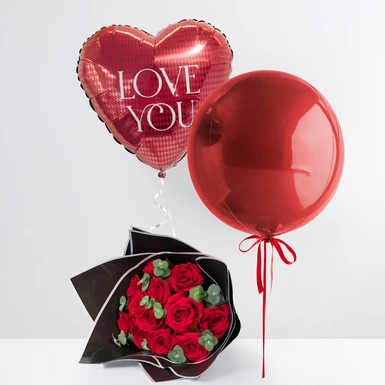 Amor con Ramo de Rosas Rojas y Globos 26570