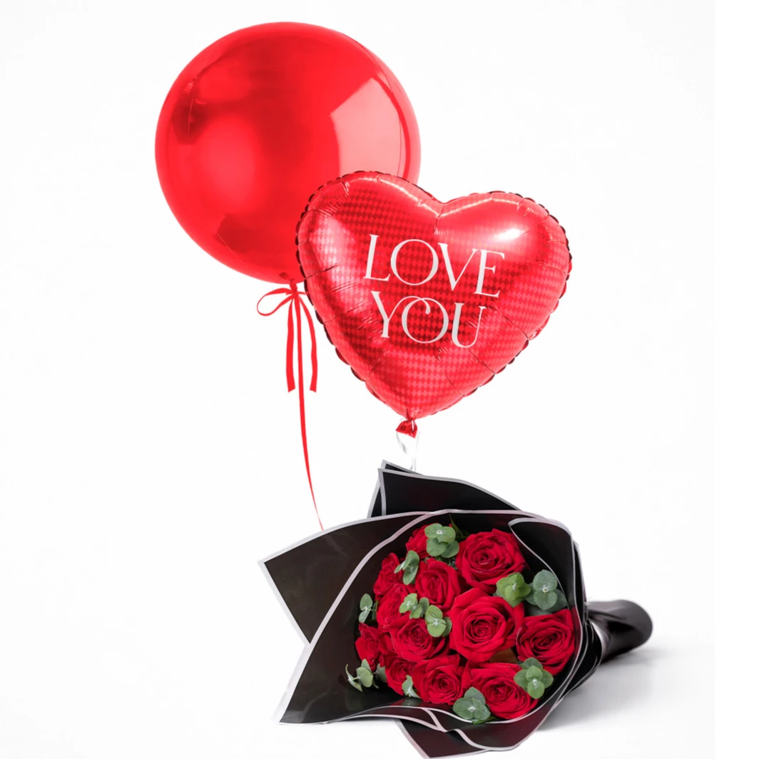 Amor con Ramo de Rosas Rojas y Globos 26570