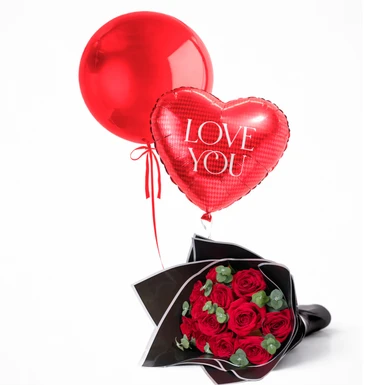 Amor con Ramo de Rosas Rojas y Globos 26570