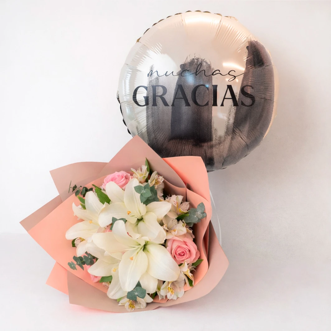 Ramo de Rosas y Lilys con Globo "Muchas Gracias" 26572