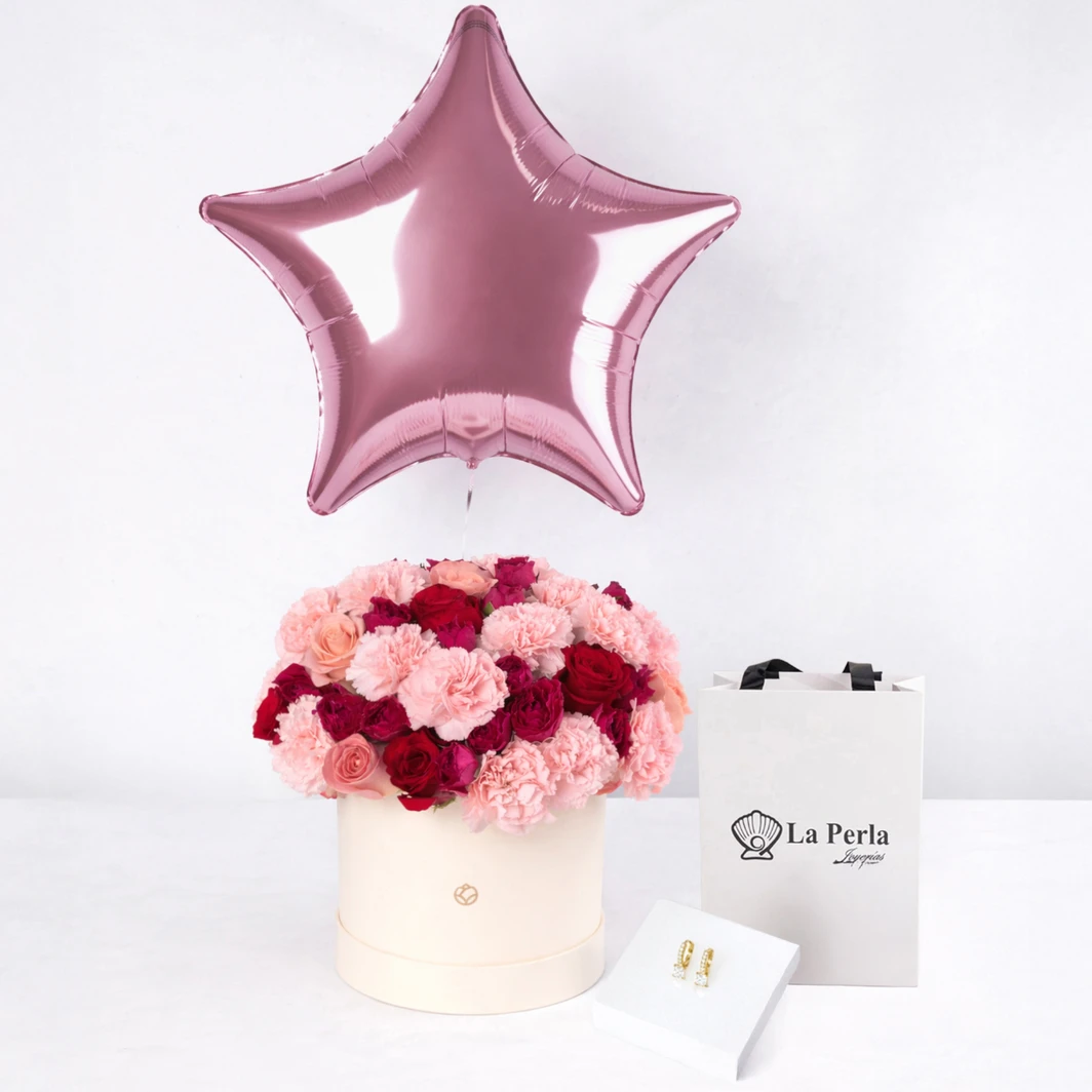 Caja de Rosas y Claveles con Aretes Brentino y Globo Estrella Rosa 26573