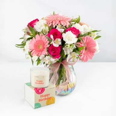 Kit Vela "Happy Birthday" con Arreglo de Gerberas y Rosas  26580