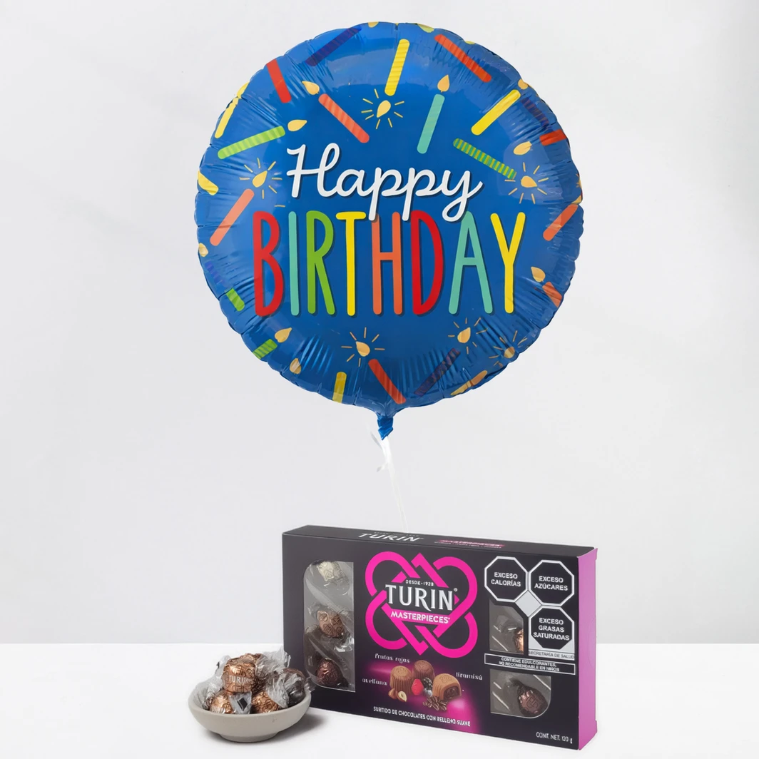 Chocolates Turin 270 g con Globo Happy Birthday Azul 26624