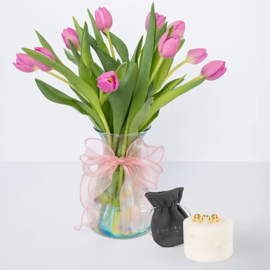 Aretes "Ear Cuff" con Tulipanes Fucsia en Jarrón 26627