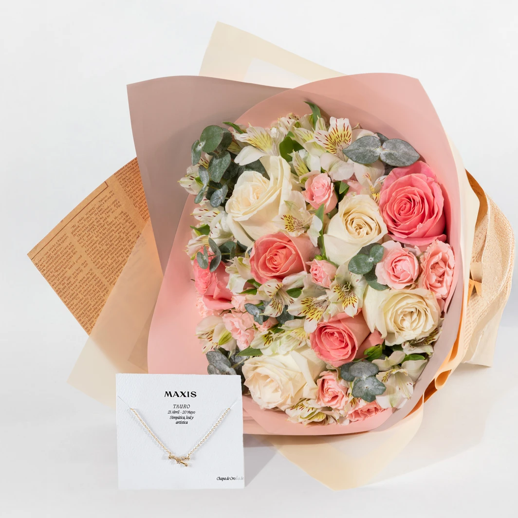 Kit Tauro con Ramo de Rosas Blancas y Rosa con Collar de Constelación 26639