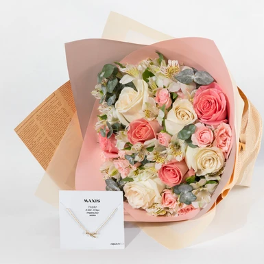 Kit Tauro con Ramo de Rosas Blancas y Rosa con Collar de Constelación 26639