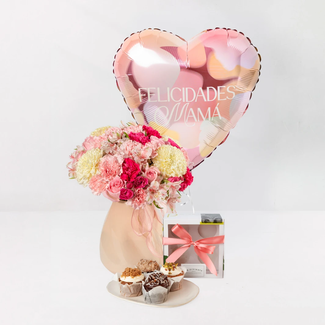 Arreglo de Rosas y Polar Blanco con Muffins y Globo 26653