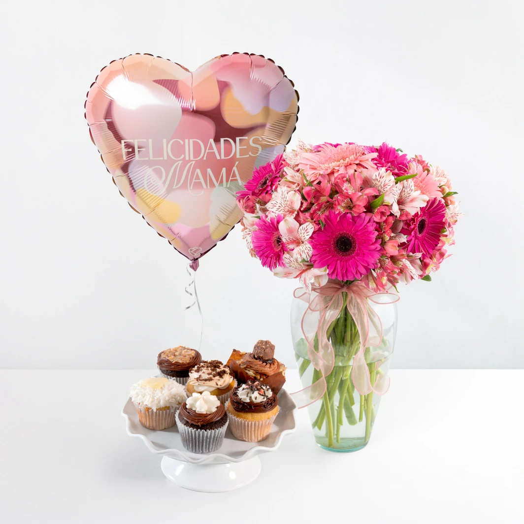 Pink Gerberas with Magnolia Muffins and a Balloon Mom 26655