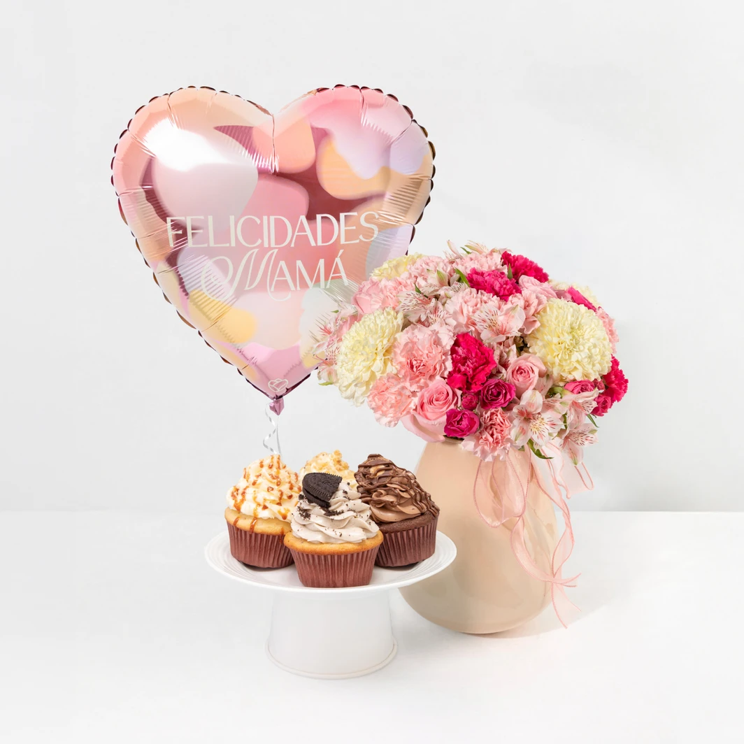 Rose arrangement with muffins and balloon for Mom 26657