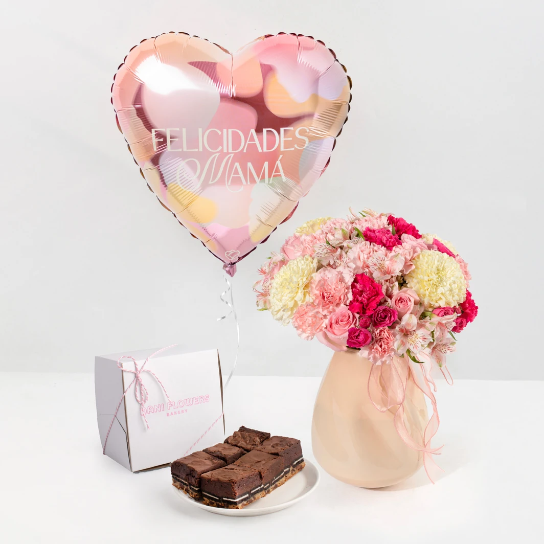 Arreglo de Rosas y Polar blanco con Brownies y Globo 26658