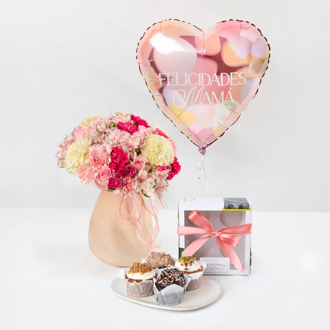 Arreglo de Rosas con Foto Personalizada, Muffins y Globo 26664