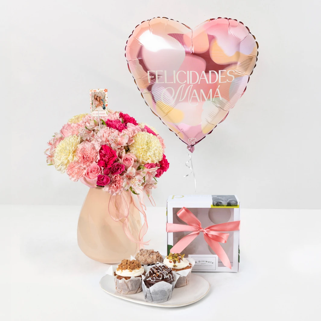 Arreglo de Rosas con Foto Personalizada, Muffins y Globo 26664