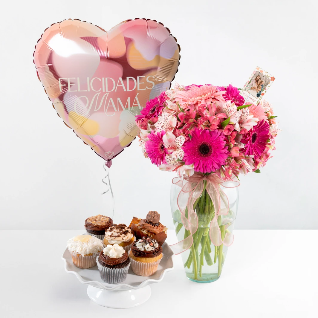 Pink Gerberas with Personalized Photo, Muffins and Balloon 26666