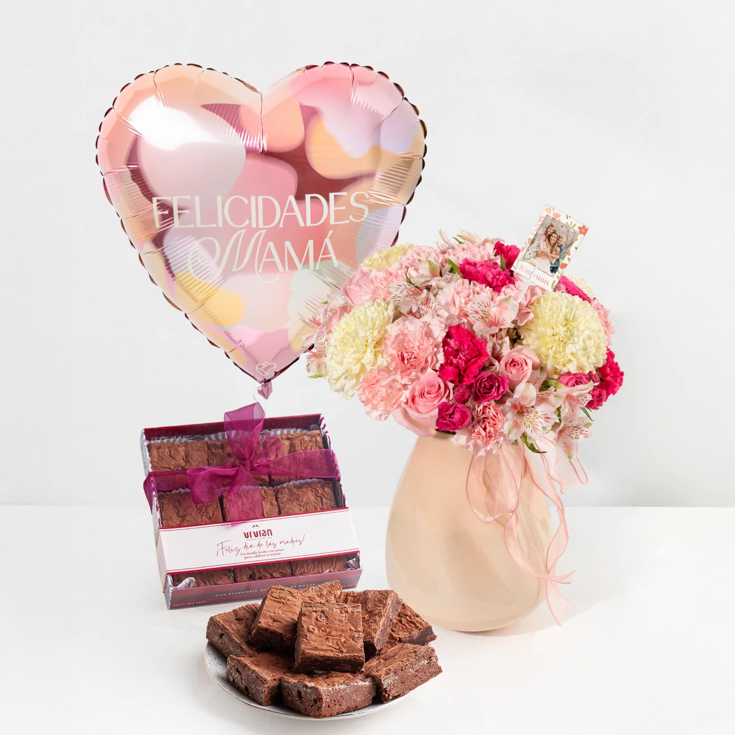 Arreglo de Rosas y Polar blanco con Brownies y Globo 26669