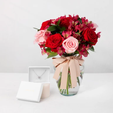 Zirconia Heart Necklace with Red and Light Pink Roses 26705