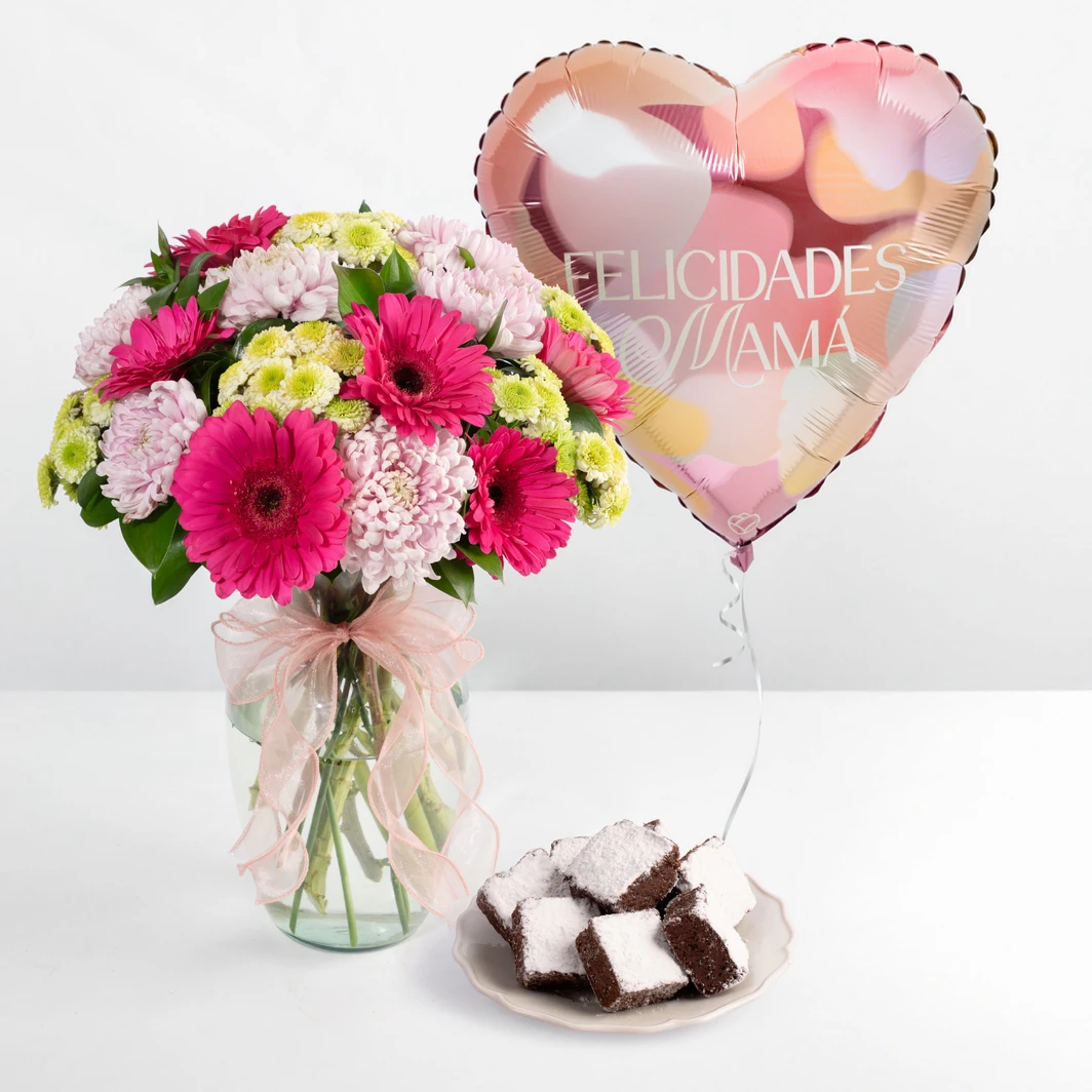 Arreglo de Gerberas con Brownies y Globo para Mamá 26707