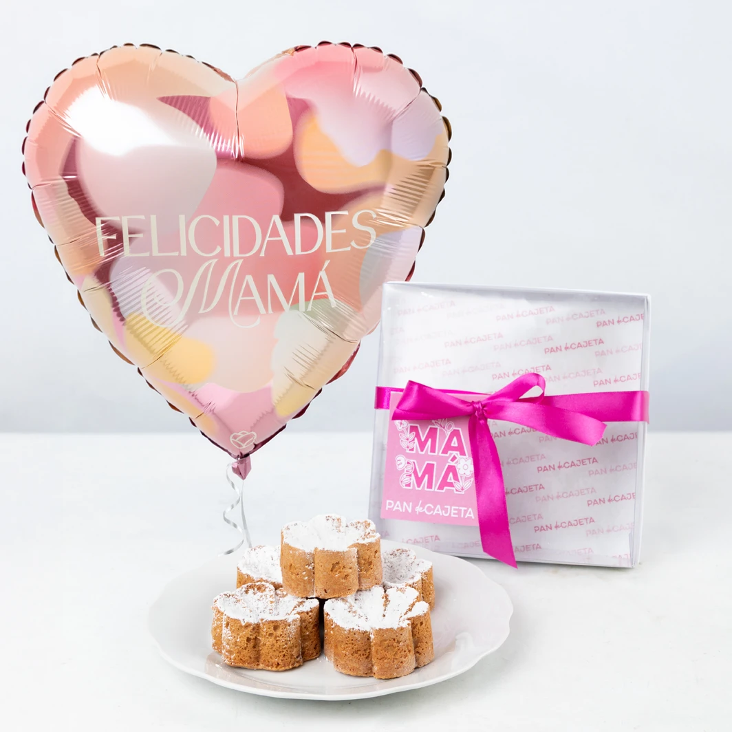 Caja de 5 flores Pan de Cajeta con Globo "Felicidades Mamá" 26757