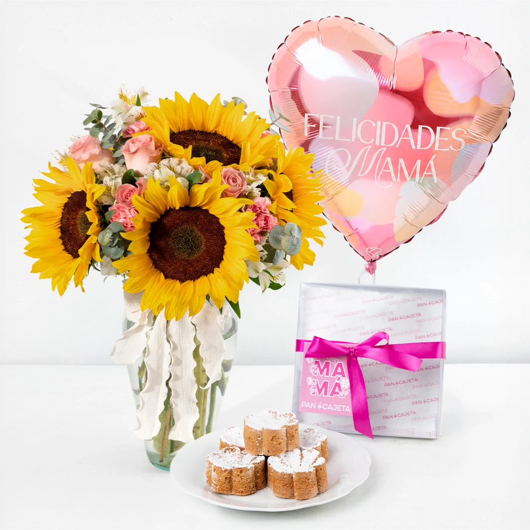 Arreglo de Girasoles con Flores de Pan de cajeta y Globo " Felicidades Mamá" 26783