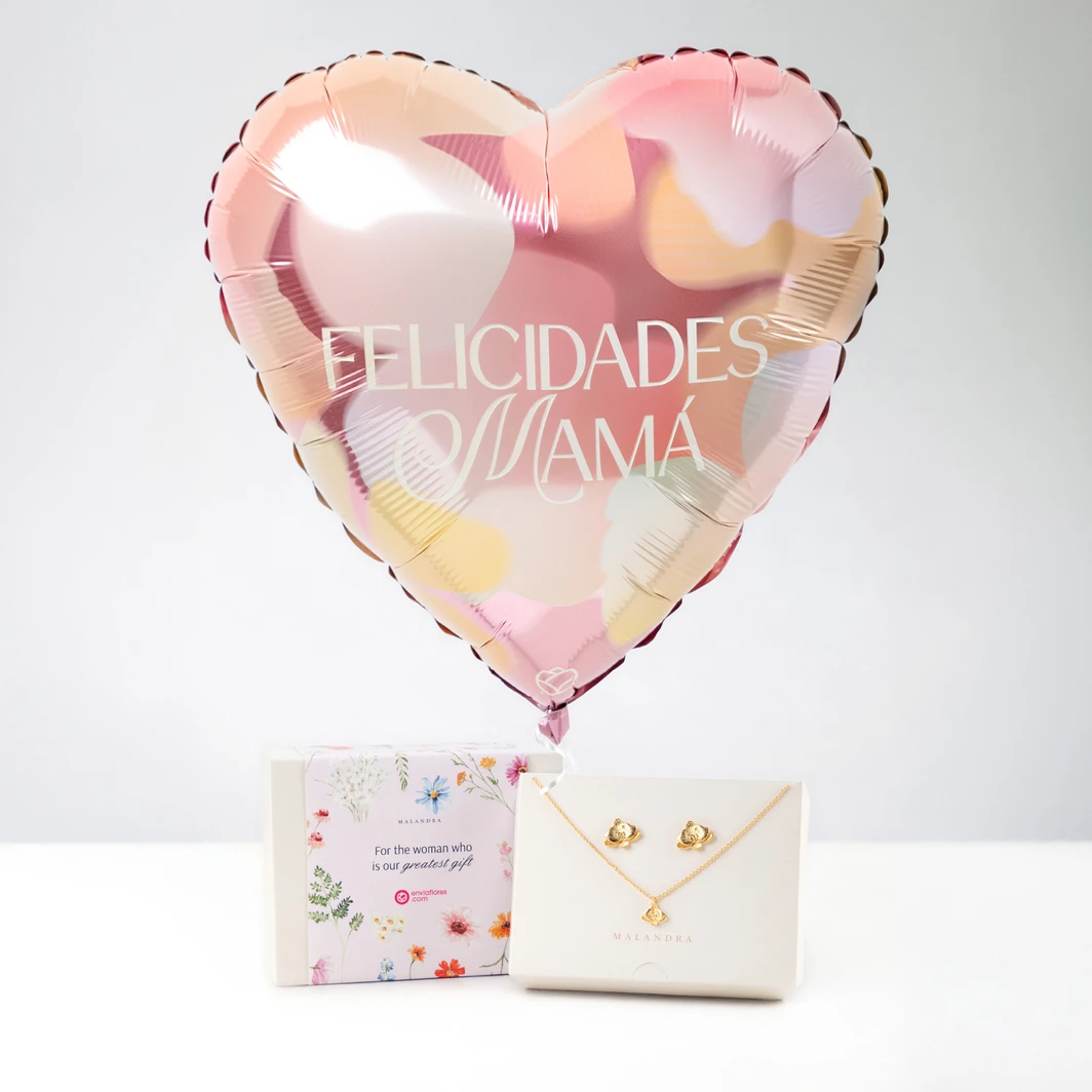 Set Collar y Aretes "Orquídea" con Globo "Felicidades Mamá" 26818