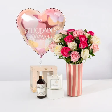Kit Room Spray & Vela con Arreglo de Rosas y Globo  26823